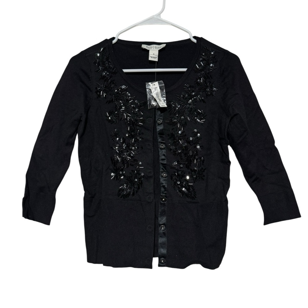 White House Black Market Black Beaded V‑Neck Cardigan